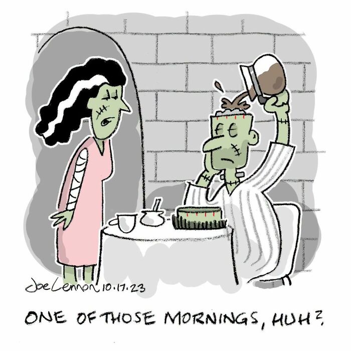 Hilariously awkward comic by Joe Lennon featuring Frankenstein pouring coffee into his head while his wife looks on.