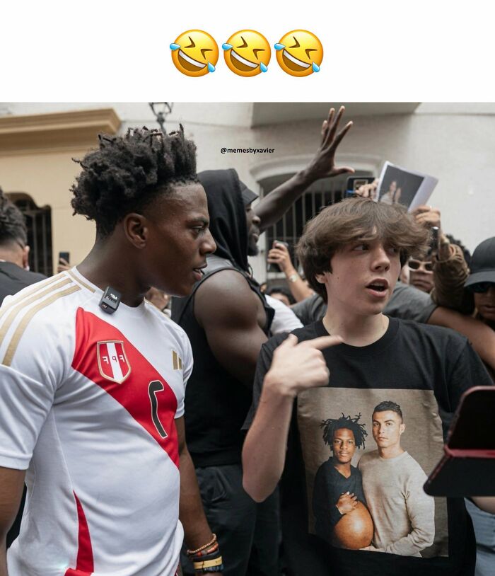 Hilarious Posts from Xavier: Two young men, one wearing a shirt with an image of himself and Cristiano Ronaldo.
