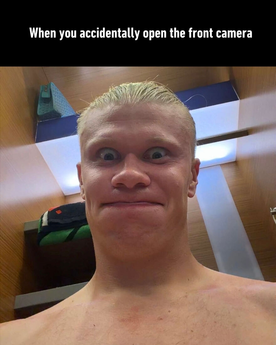 A World Cup meme of Haaland with a surprised, wide-eyed expression, symbolizing opening the front camera.