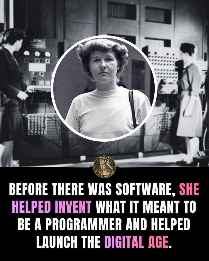 Grace Hopper, an overlooked woman in history, in a circle, over a black and white image of early computing.