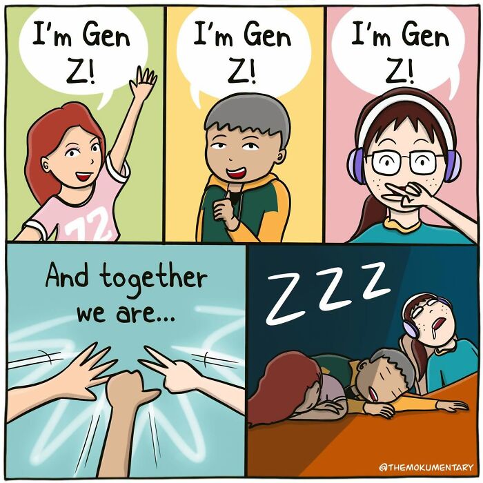 A Mokumentary comic capturing the awkward side of everyday life, with Gen Z individuals proudly introducing themselves before falling asleep together.