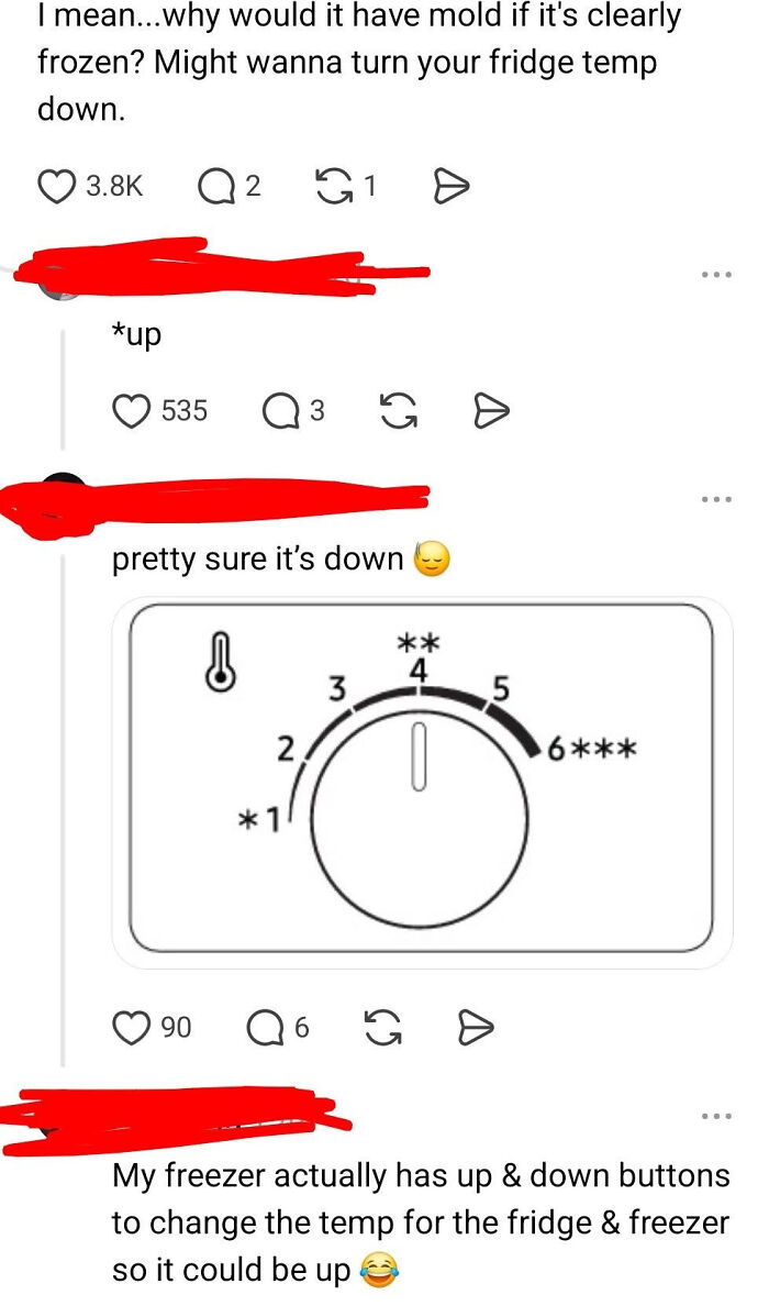 A know-it-all moment on social media where users debate the correct way to adjust a freezer's temperature.