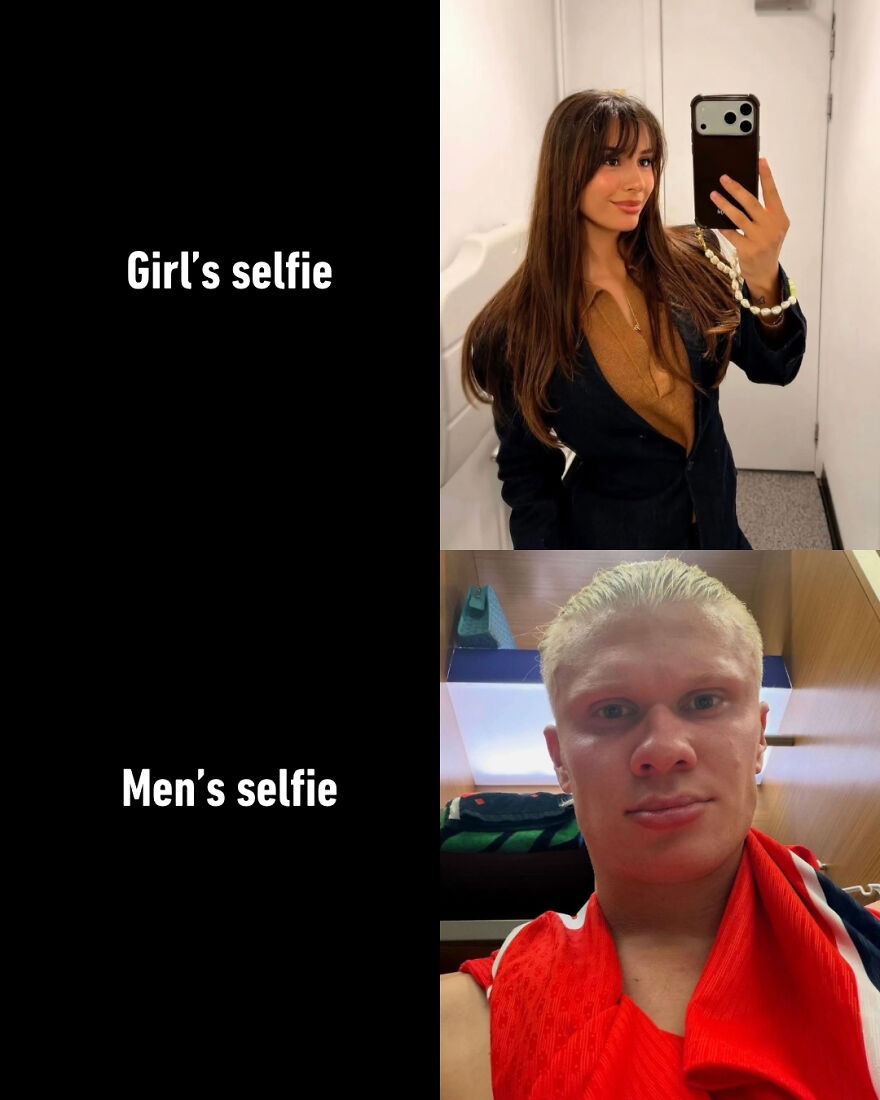 A World Cup meme showing a girl's selfie vs. a man's selfie, featuring Haaland with a serious expression.