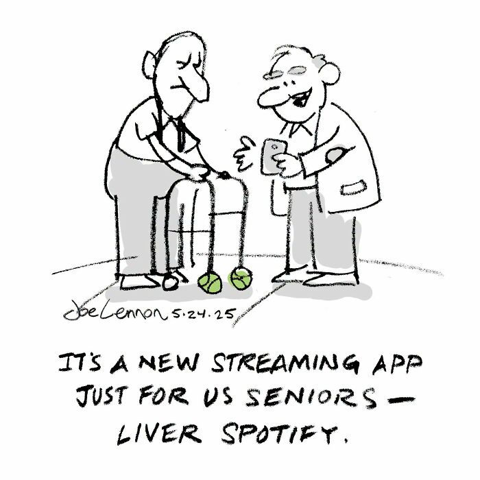 Relatable awkward comic by Joe Lennon of two elderly men, one with a walker, discussing a streaming app called Liver Spotify.