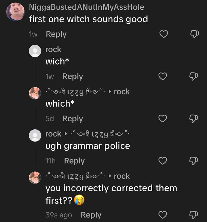 A social media comment where a know-it-all incorrectly corrects someone else spelling witch to wich.