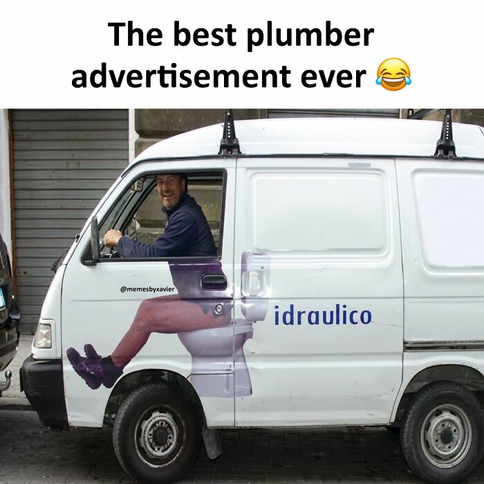 Hilarious Posts from Xavier: A white plumber's van with a funny decal of a person sitting on a toilet with the word 'idraulico'.