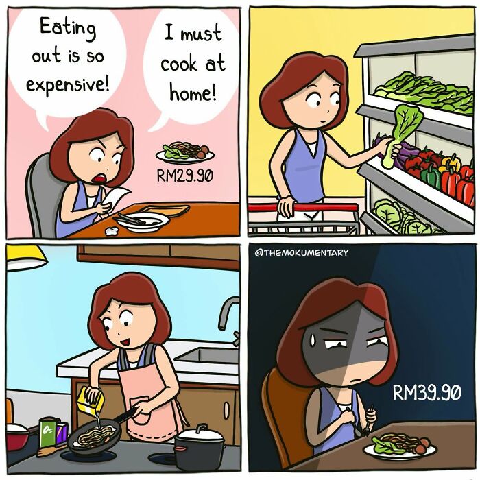A Mokumentary comic about the awkward side of everyday life, illustrating the high cost of eating out versus cooking at home.