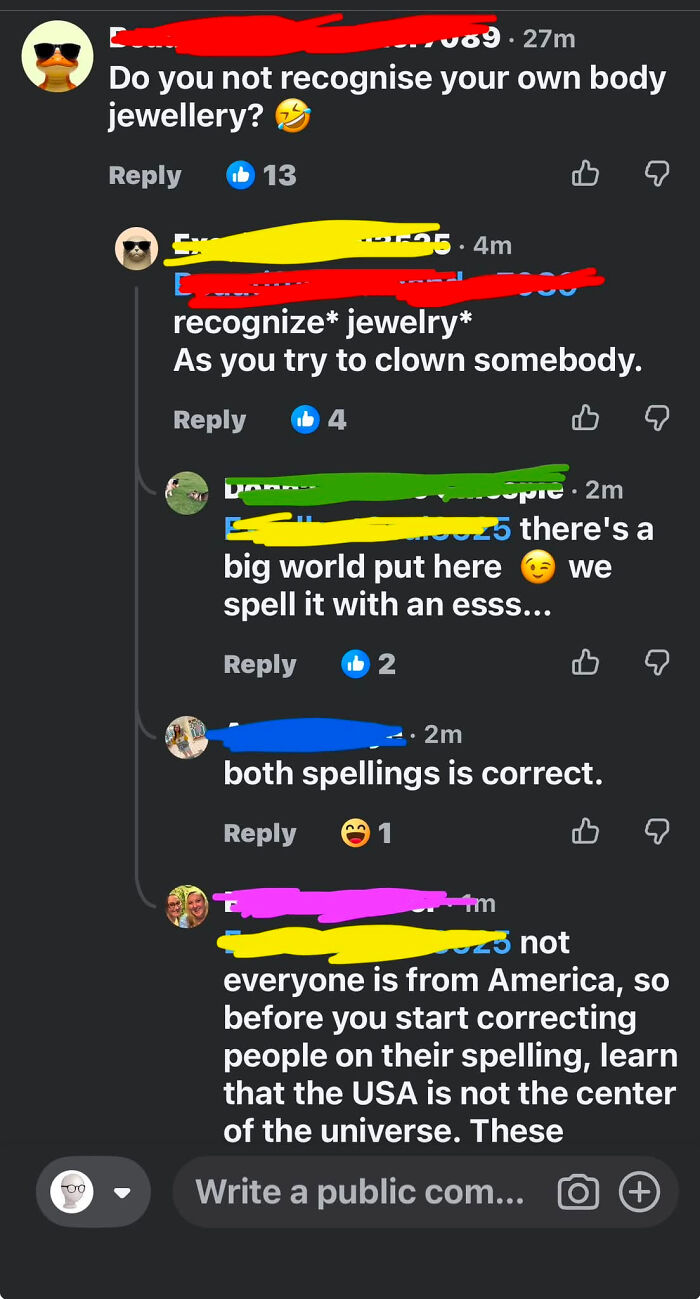 A social media thread showcasing multiple know-it-alls correcting spelling, unaware of regional differences.