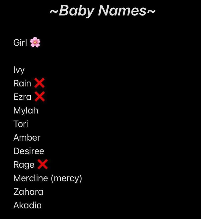 A list of girl names, including Ivy, Rain, Ezra, Mylah, Tori, Amber, Desiree, Rage, Mercline (mercy), Zahara, and Akadia. Some names are crossed out, showcasing abominable names.