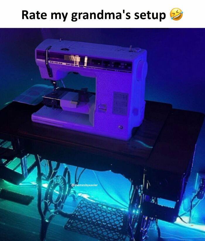 Hilarious Posts from Xavier: A vintage sewing machine glowing with purple and green lights, called 'grandma's setup'.