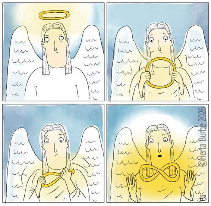 A comic illustration by Herta Burbė showing an angel transforming their halo into an infinity symbol.