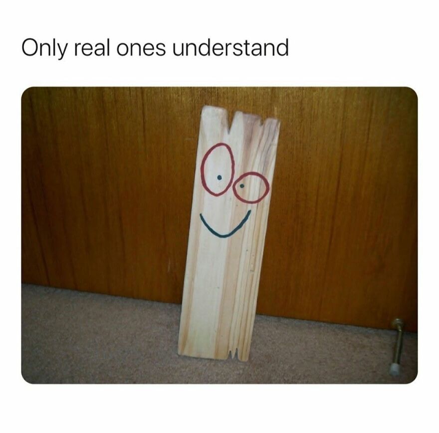 A piece of wood with a cartoon face drawn on it, a familiar image for '90s babies who recognize Plank from Ed, Edd n Eddy.