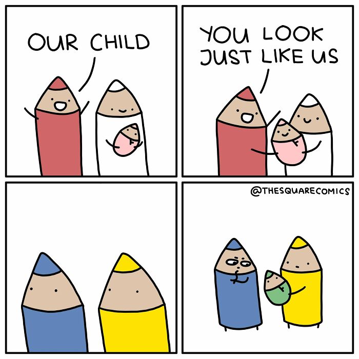 A comic strip about funny new comics, showing colored pencils and their child.