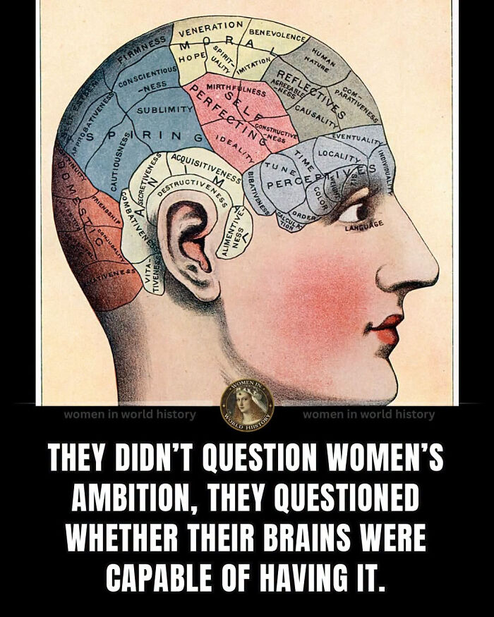 An illustration of a human head with sections labeled, highlighting beliefs about women in history.