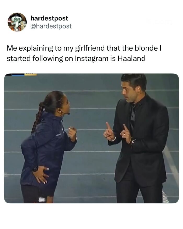 A World Cup 2026 meme where a man explains to his girlfriend that a blonde he followed is Haaland.
