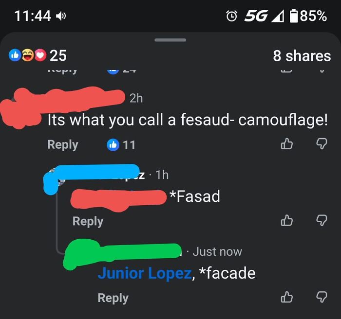 A social media screenshot shows multiple know-it-alls correcting each other on the spelling of a word.