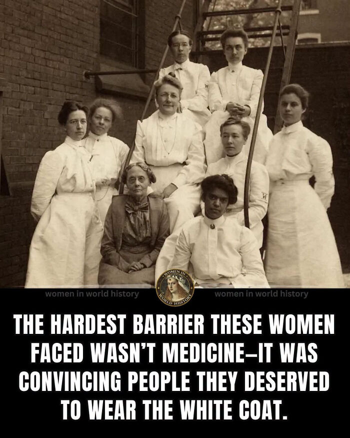 A group of overlooked women in history, doctors in white coats, standing on stairs, signifying their struggle in medicine.