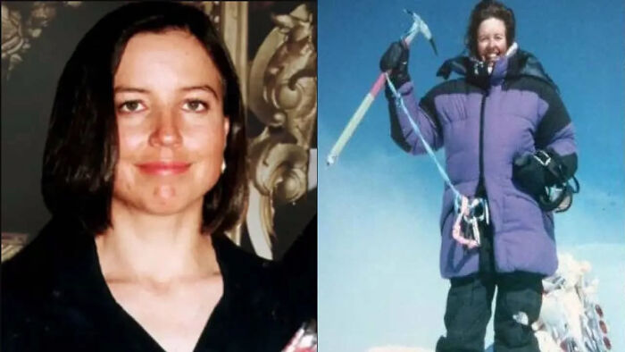 A split image showing an overlooked woman in history: one smiling portrait and one on a snowy mountain with climbing gear.