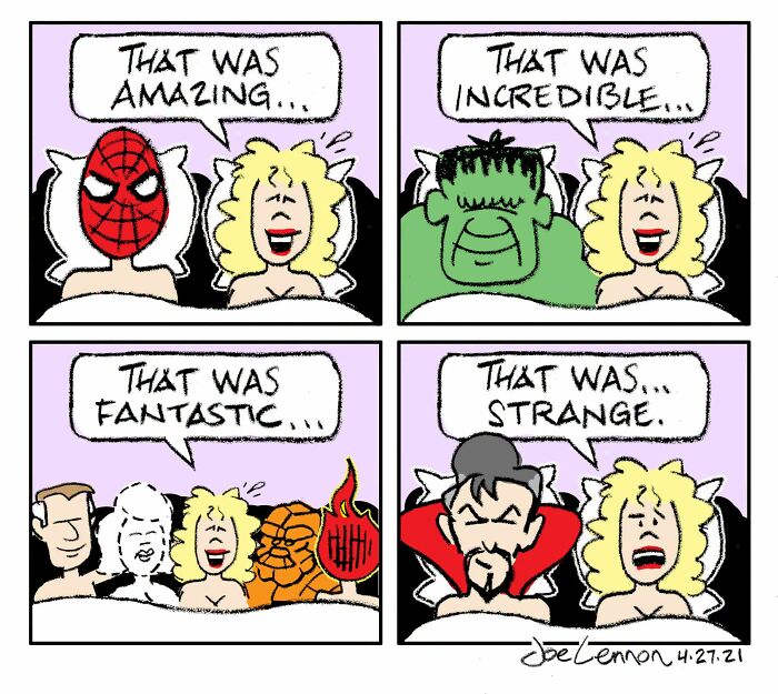 Hilariously awkward comics by Joe Lennon depicting a woman in bed with Spider-Man, Hulk, the Fantastic Four, and Doctor Strange.