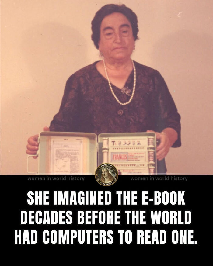 An overlooked woman in history holding an early version of an e-book reader, illustrating innovation.