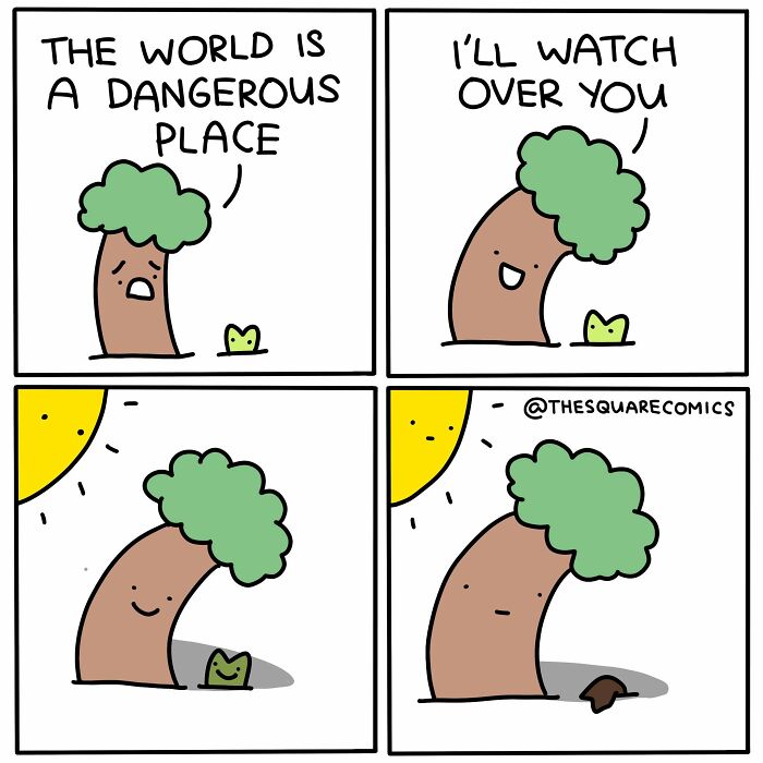A comic illustrating a small sapling being protected by a larger tree, which later wilts. These new comics offer a sad take on life.