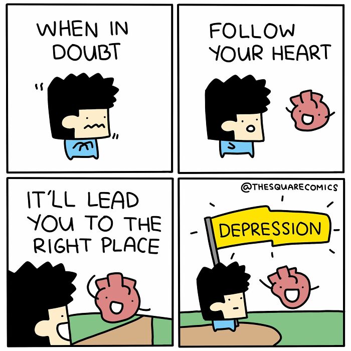 A comic strip where a person follows their heart, only to be led to a flag labeled 'Depression.' These new comics explore difficult emotions.