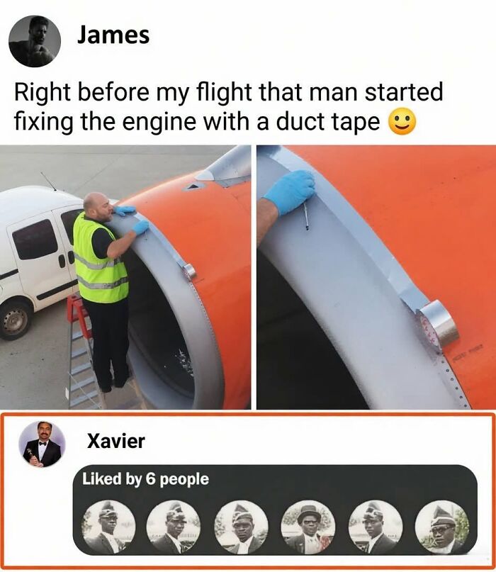 A Xavier meme showing a man fixing an airplane with duct tape, generating hilarious posts that had the internet in stitches.