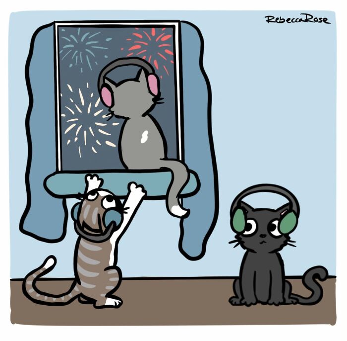 Rebecca Rose comic showing cats with headphones watching fireworks, turning awkward moments into laugh-out-loud situations.