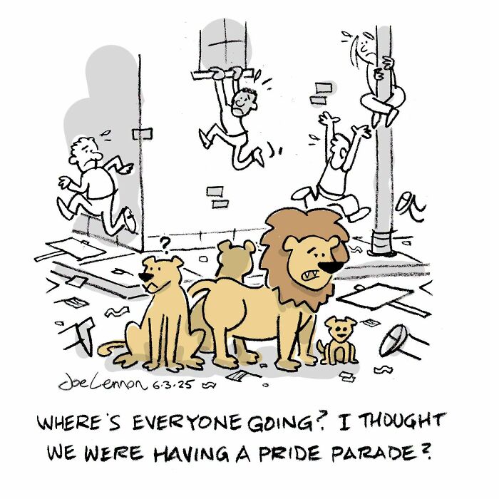 Relatable and awkward comic by Joe Lennon, a family of lions wondering why people are fleeing.