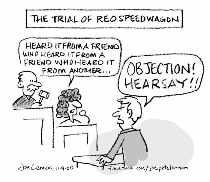 Funny Joe Lennon comic showing a court trial with an objection of hearsay, making for an awkward comic.