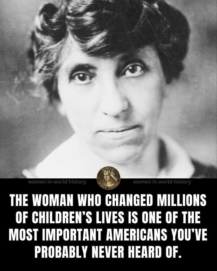 A black and white portrait of an influential woman in history, recognized for her impactful contributions to children's lives.