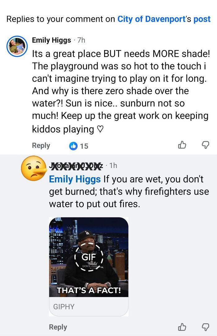People online correcting someone's misinformation about not getting burned when wet.