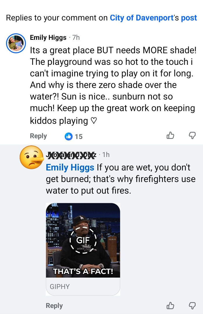 A Facebook comment where a know-it-all user incorrectly claims wet skin prevents sunburn on a playground.