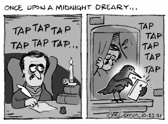 Joe Lennon comic depicting a man writing, disturbed by a tapping raven, a relatable and awkward moment.