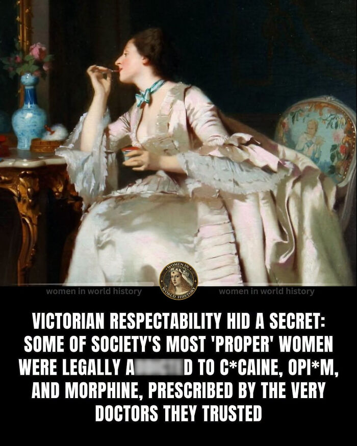 Painting of an elegant Victorian woman secretly consuming prescribed opiates, highlighting overlooked women in history.