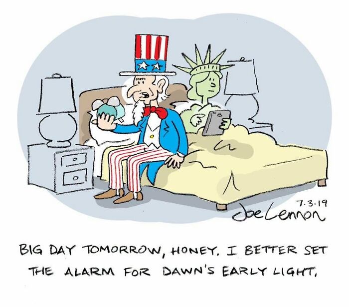 Hilariously awkward comic by Joe Lennon featuring Uncle Sam and the Statue of Liberty in bed.