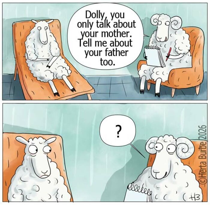 A comic illustration by Herta Burbė of two sheep in therapy, one acting as a therapist, the other as a patient.