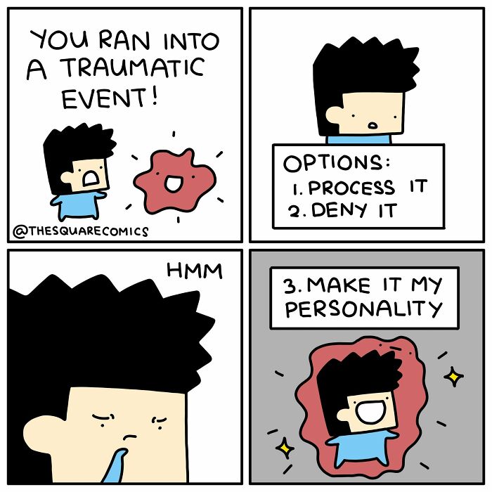 A comic strip about funny new comics, showing a character turning trauma into personality.