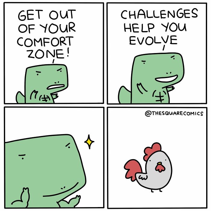A comic strip about funny new comics, showing a green dinosaur evolving into a chicken.
