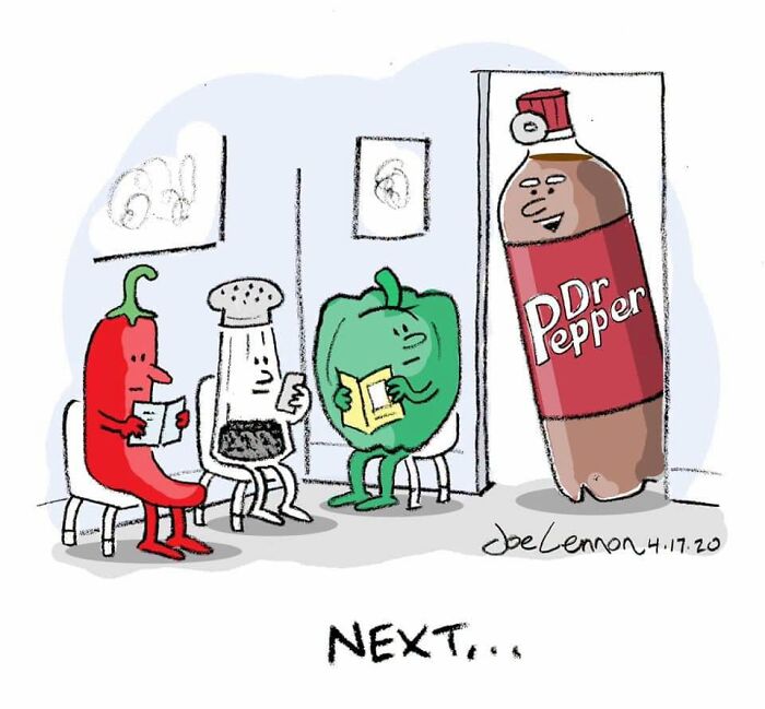 A Joe Lennon comic showing a chili pepper, salt shaker, and green pepper waiting to see a Dr. Pepper bottle.