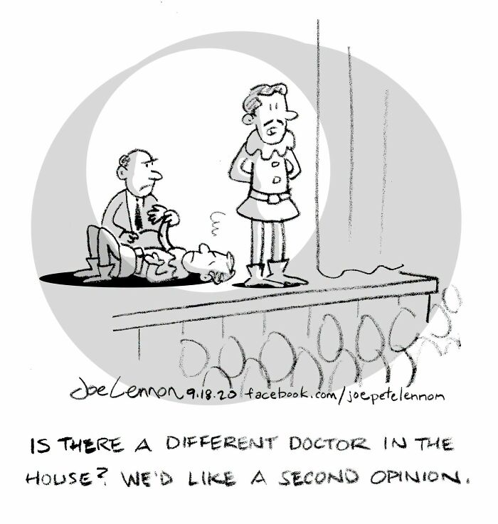 A relatable and awkward comic by Joe Lennon shows a man on stage receiving medical attention, with a call for a second opinion.