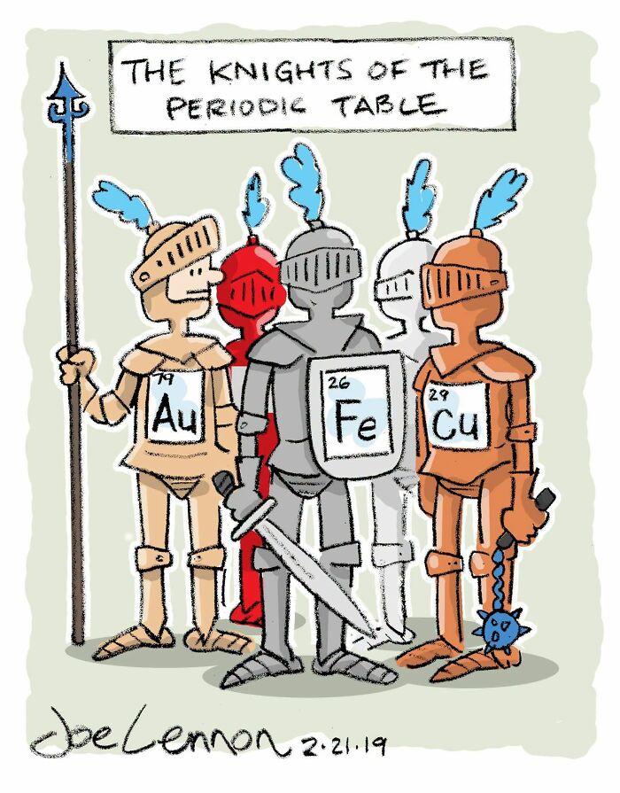 A Joe Lennon comic depicting The Knights of the Periodic Table, with knights representing gold, iron, and copper.