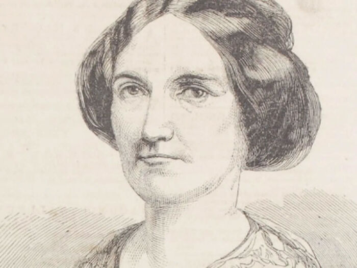 Detailed engraving of a woman with dark hair and a serious expression, representing overlooked women in history.