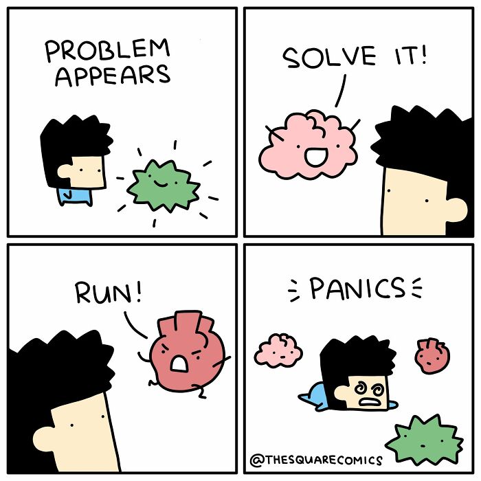 A comic illustrating a person facing a problem. The brain suggests solving it, but the heart panics and runs, creating relatable new comics.