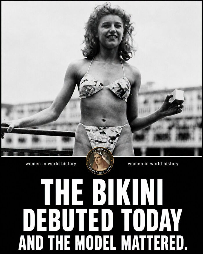 A black and white photo of a smiling woman in a bikini, representing overlooked women in history.