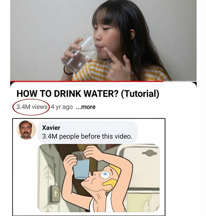 Xavier character comments on a video about how to drink water, adding to the internet in stitches with his post.