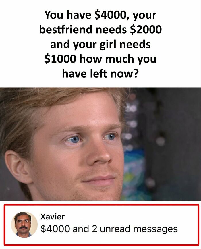 A meme featuring the Xavier character, showing a man pondering a money problem, highlighting the hilarious posts.