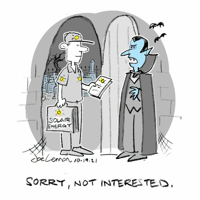 A Joe Lennon comic showing a solar energy salesman pitching to a vampire, an awkward and relatable comic.