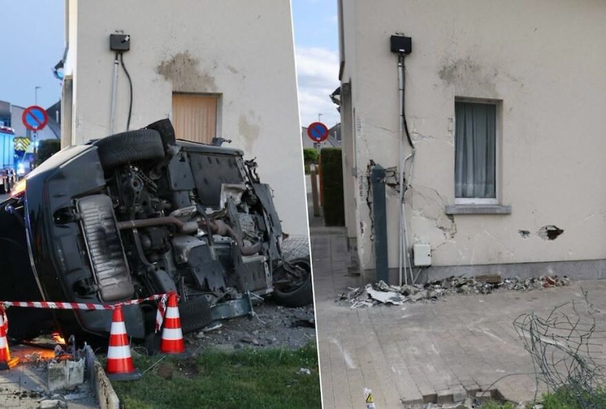 A split image showing an overturned car on the left and a damaged house wall on the right, after a rough day.