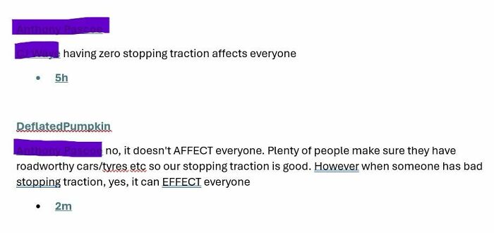 A social media post correcting someone online about the difference between affect and effect in a satisfying way.